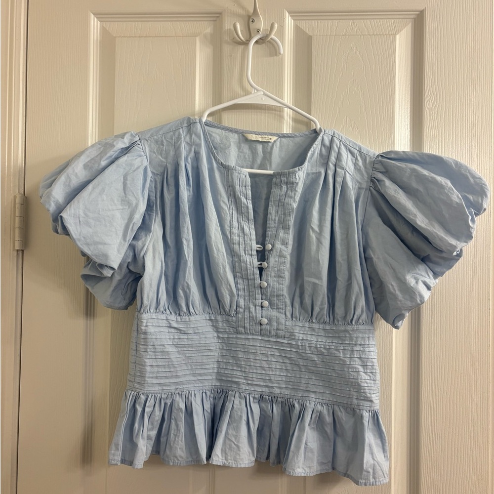 Zara Light Blue Puff-Sleeve Cotton Peplum Blouse size M